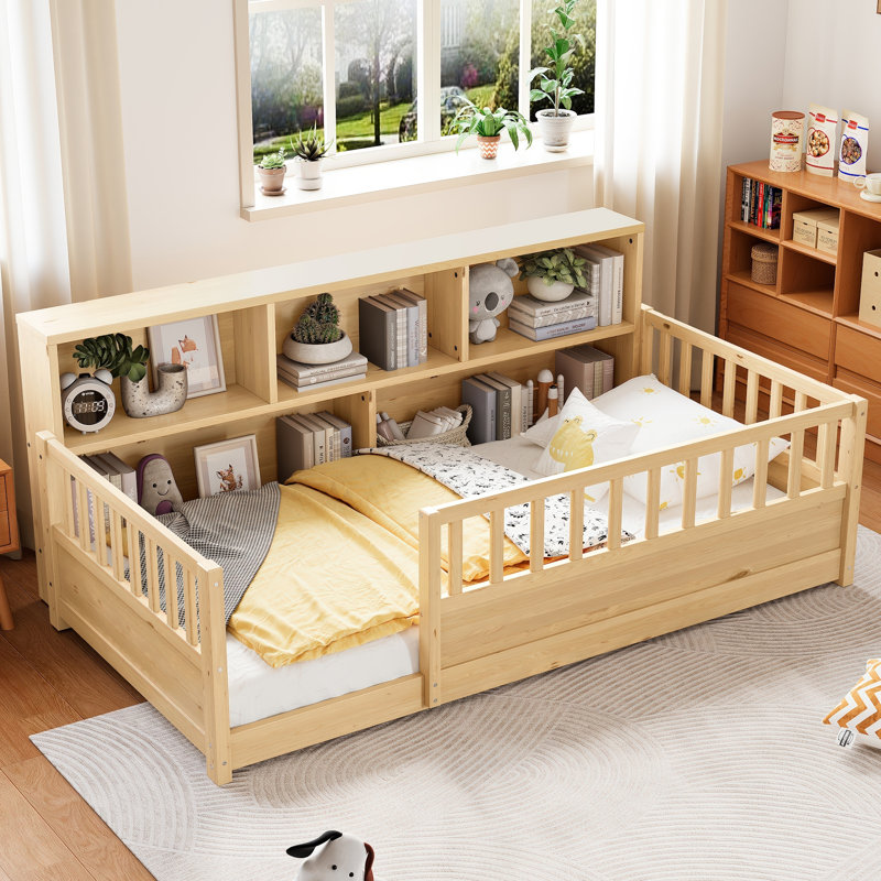 Natural Wood Twin Floor Bed With Storage And High Guardrail
