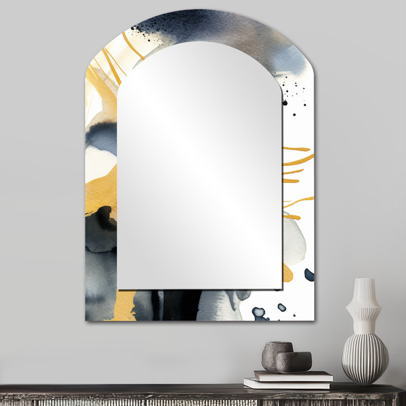 Pastel Abstract With Blue Black & Gold Spots VI - Fractals Arch Decorative Mirror, Modern Asymmetrical Large Wall Mirror, Printed Metal Art