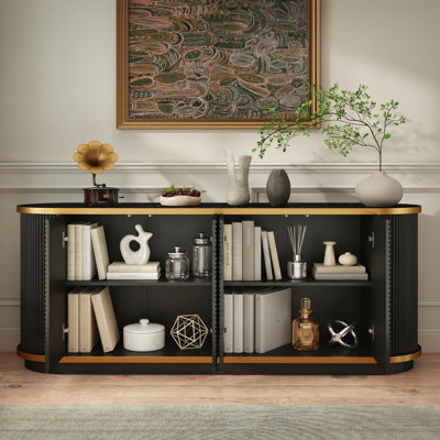 63" Diagonal Fluted Sideboard Cabinet with Storage, 4-Door Buffet Credenza TV Stand with Gold Trim, Black Faux Marble-Top Console Table, Modern Storage Cabinet