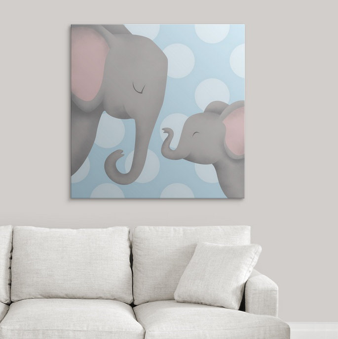 «Elephant Mommy and Baby on Blue», impression, Toile, H 20 po x l 20 po x P 1,25 po