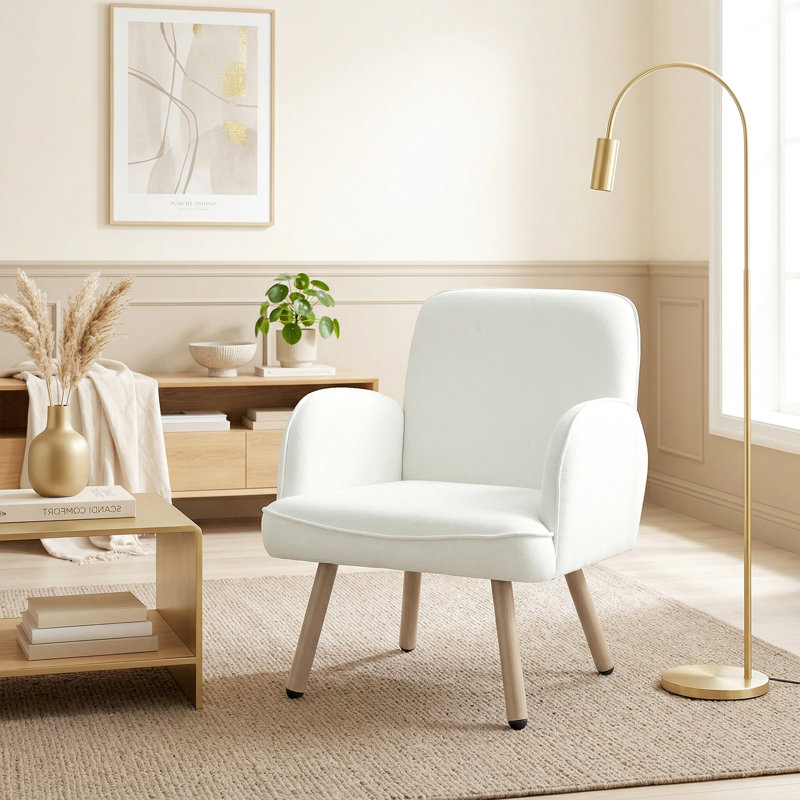 Upholstered Accent Chair, Cream, Natural Wood