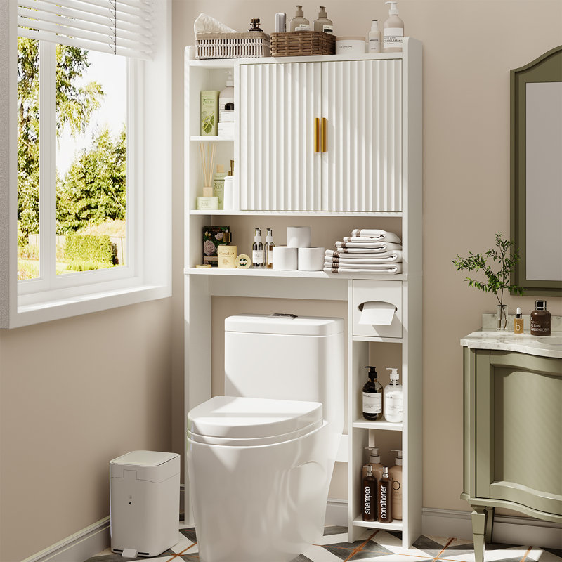 Fluted Over The Toilet Storage Cabinet, Above Toilet Bathroom Organizer With Toilet Paper Holder, Modern Behind Toilet Cabinet, Space Saver For Restroom, Bathroom, Laundry, White
