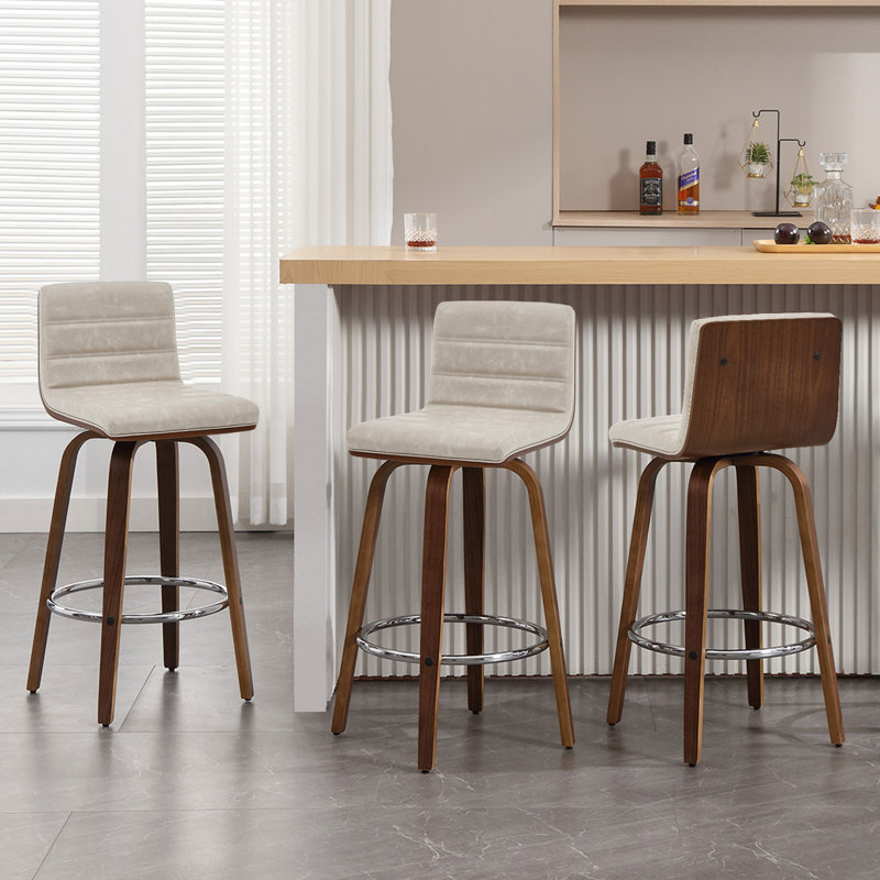 Off-White Upholstered Swivel Counter Stools with Walnut Bentwood Legs