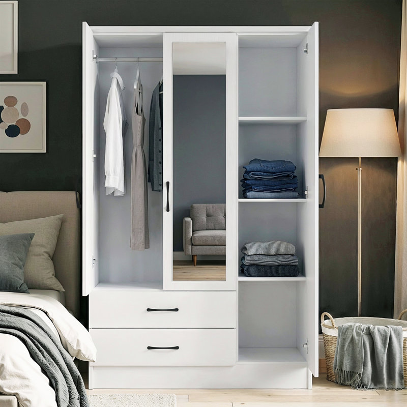 Millbury Shelton 3 Door 2 Drawer Wardrobe with Mirror, White