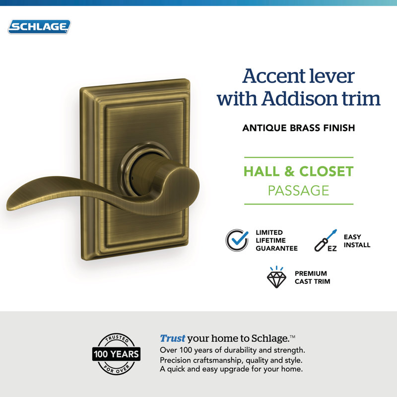 Accent Passage Door Lever with Addison Rosette, Antique Brass