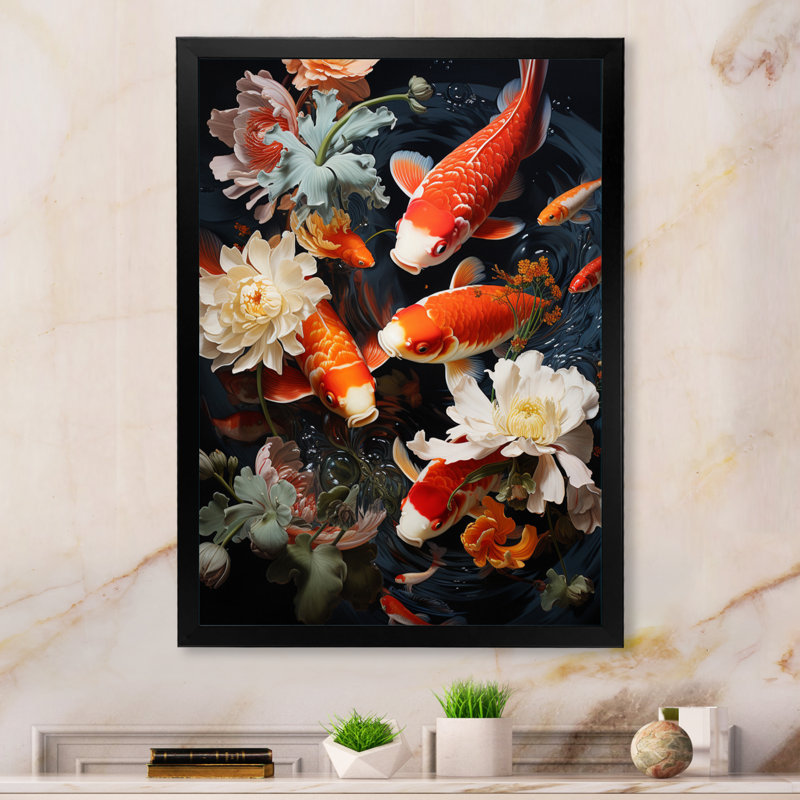 «Asian Art Infinite Koi I», reproduction d'art sur toile, H 32 po x l 24 po x P 1 po, Cadre simple noir