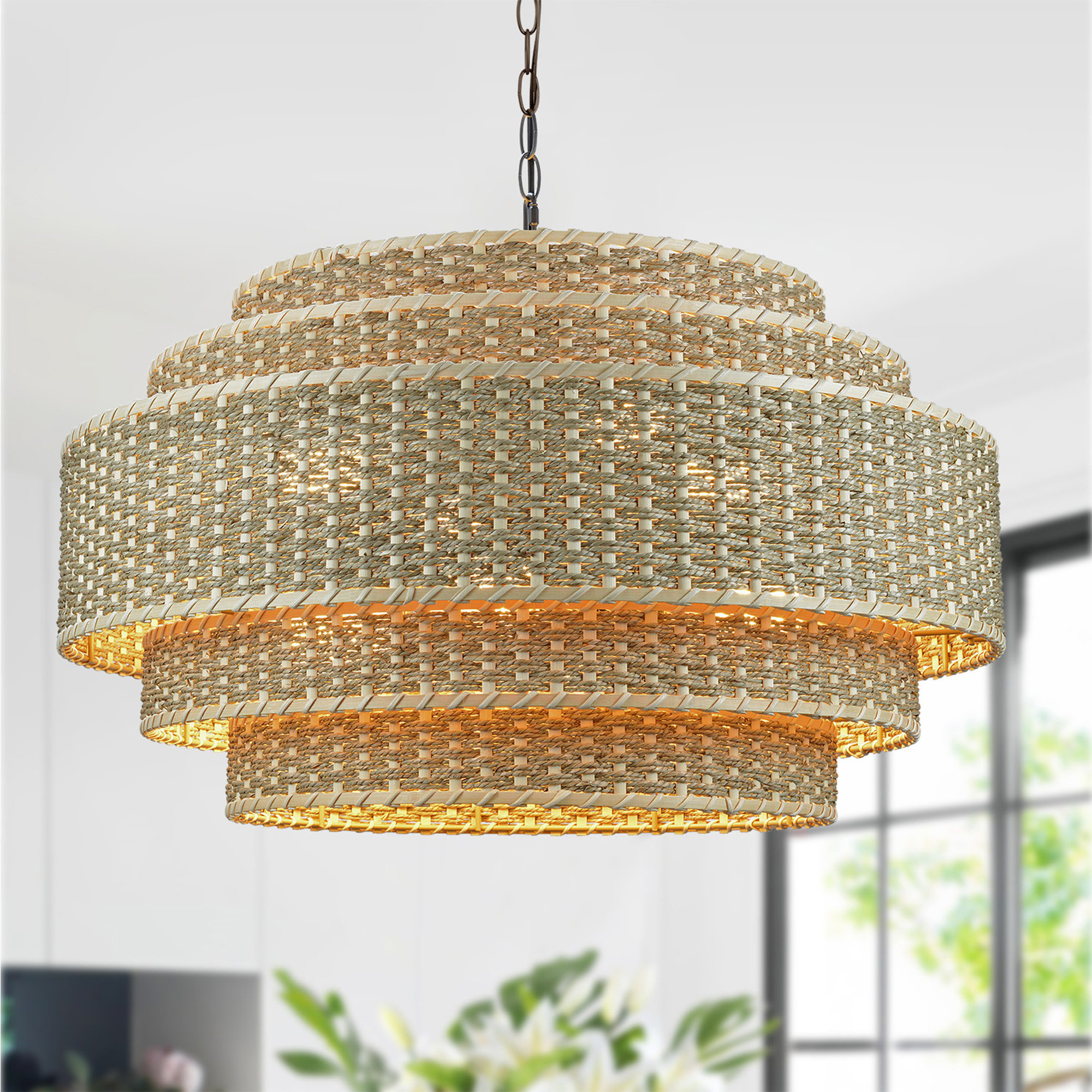 Amishi 8 - Light 26in Rattan Dimmable Shaded Tiered Chandelier with Adjustable Black Chain
