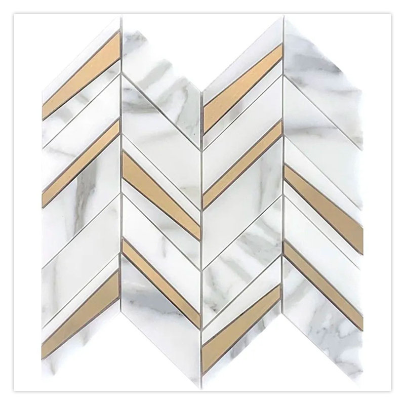 Serena 12 x 12 Calacatta Gold, Brass Marble Polished Mosaic Chevron Tile (5 Sq Ft/Case) - 5 Pack