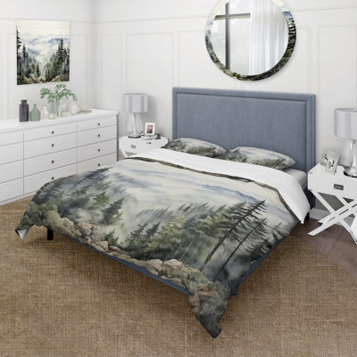 Ensemble d'édredon paysage 4 pièces - Ensemble de literie et coussin décoratif Pine Tree Misty Mountain I