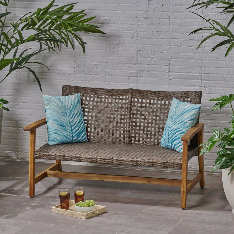 Outdoor Acacia Wood Wicker Loveseat, Patio Furniture Conversation Set For Backyard, Brown