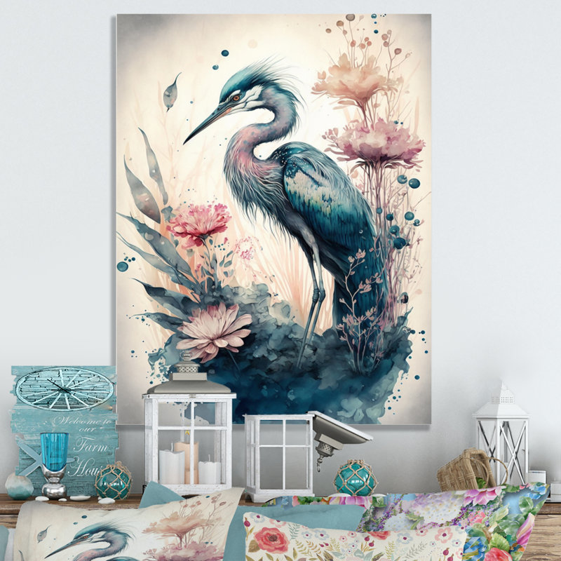 Mignon héron floral VI - peinture sur toile, H 32 po x l 16 po x P 1 po, Toile tendue