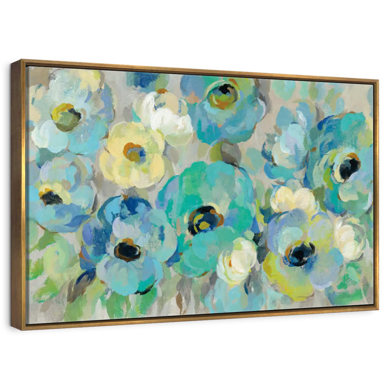 Fleurs bleu sarcelle fraîches I, Cadre flottant doré, 25 po x 17 po