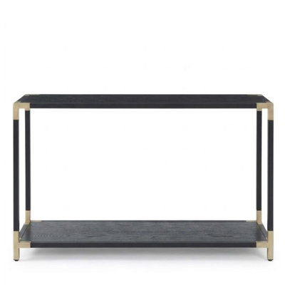 Sereia 48 In. Black Rectangular Wood Console Table With Gold Corner Accents And Shelf