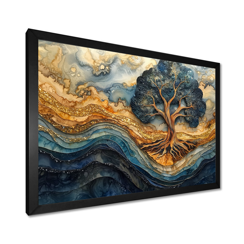 Décoration murale turquoise arbre de vie aqua infini doré, H 30 po x l 40 po, Reproduction d'une seule photo avec cadre, Noir