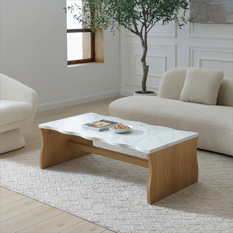 Table basse moderne avec plateau en faux marbre, table d'appoint, table de cocktail pour le bureau du salon, Bois naturel