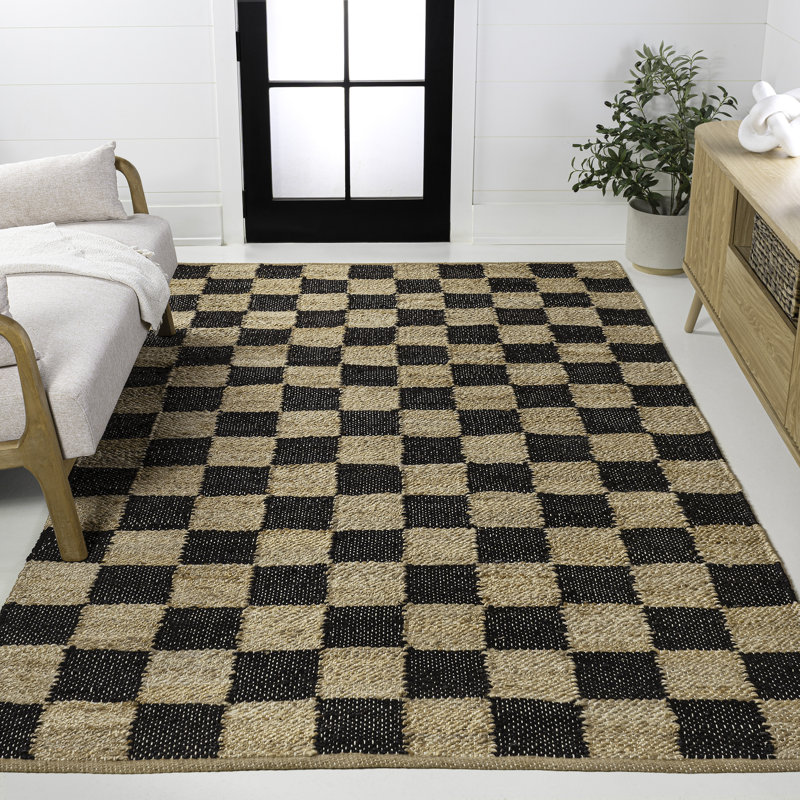 Nigel Modern Farmhouse Woven Jute Checkerboard Natural/Black Rug, Rectangulaire 3 pi x 5 pi