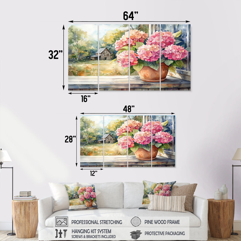 Hortensias sur le porche de la ferme II - Art mural hortensia - Art mural traditionnel pour le salon, H 28 po x l 48 po, 4