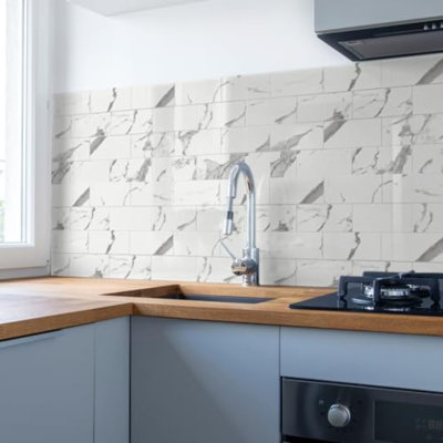 102-Piece Faux Stone Peel And Stick Backsplash Tile, Waterproof Thick PVC Stick On Subway Wall Tile For Kitchen Bathroom Laundry Room Fireplace - 3" X 6" Gray Marble