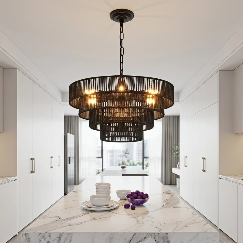 Luminaire suspendu bohémien 20 po à 6 lumières en rotin noir tissé à la main 20 po, 20 po 6 lumières