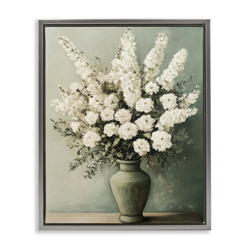 Fleurs blanches dans un cadre flottant dans un vase vert, design par Petal Prints Design, Cadre flottant gris lustré