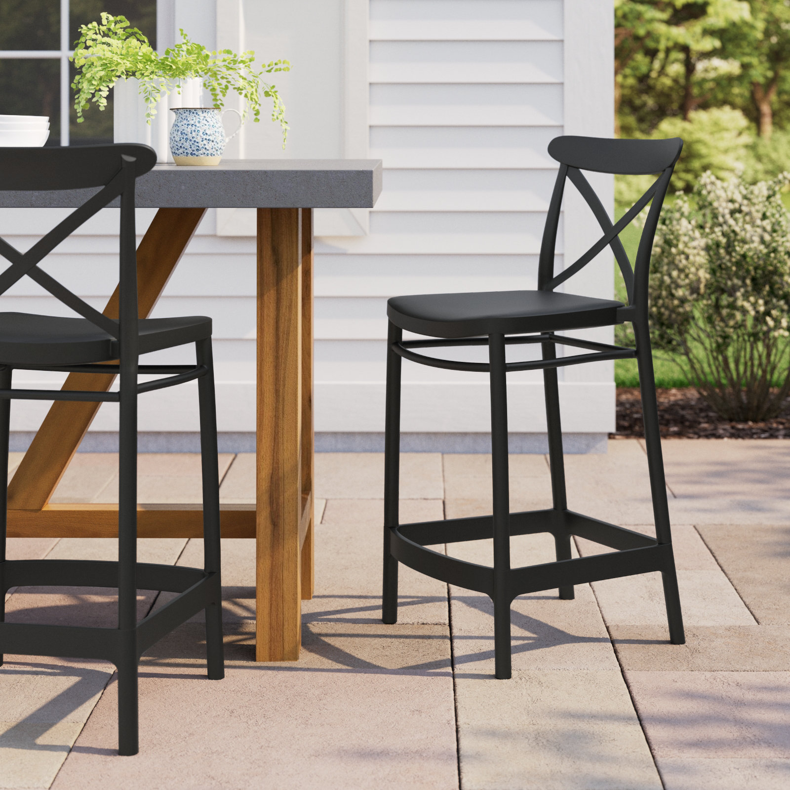 Bijou Outdoor Bar Stool, Black, Counter Stool (25.6" Seat Height)