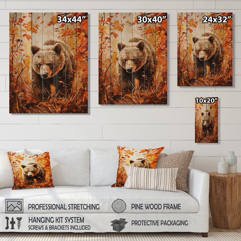 Ours dans la prairie d'automne I - Décoration murale ours en bois - sur bois de pin naturel, H 40 po x l 30 po x P 0,78 po