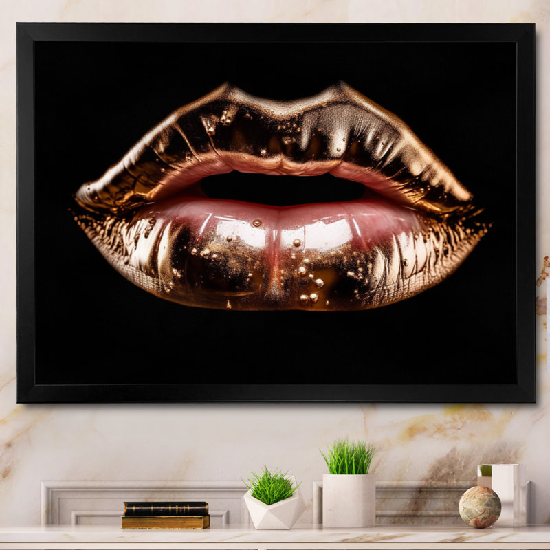 Rosegold Lips of Luxury - imprimé, Cadre simple noir, H 34 po x l 44 po x P 1,5 po