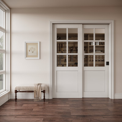Porte coulissante intérieure coulissante à 6 carreaux en verre clair, MDF CARB P2 et verre trempé SGCC, avec cadre renforcé, serrure à galandage noire et quincaillerie incluses, préfinie et imperméable, pour garde-manger, chambre et placard, teinture facile à appliquer soi-même, 152 x 203 cm