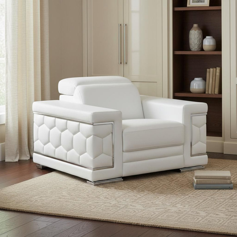 Fauteuil club 47 po en cuir véritable blanc et argent