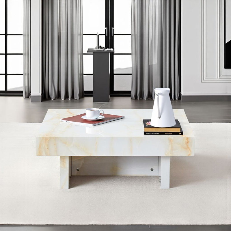 Table basse moderne en marbre 31 po - Panneau d'appoint en panneau de fibres à densité moyenne blanc et beige avec motif élégant, facile à assembler pour le salon
