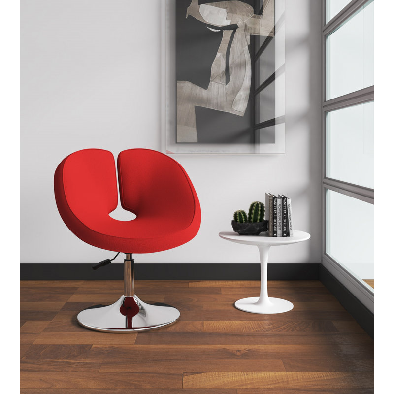 Perch Modern Wool Blend Upholstered Metal Swivel Lounge Chair in Red and Polished Chrome, Red Wool