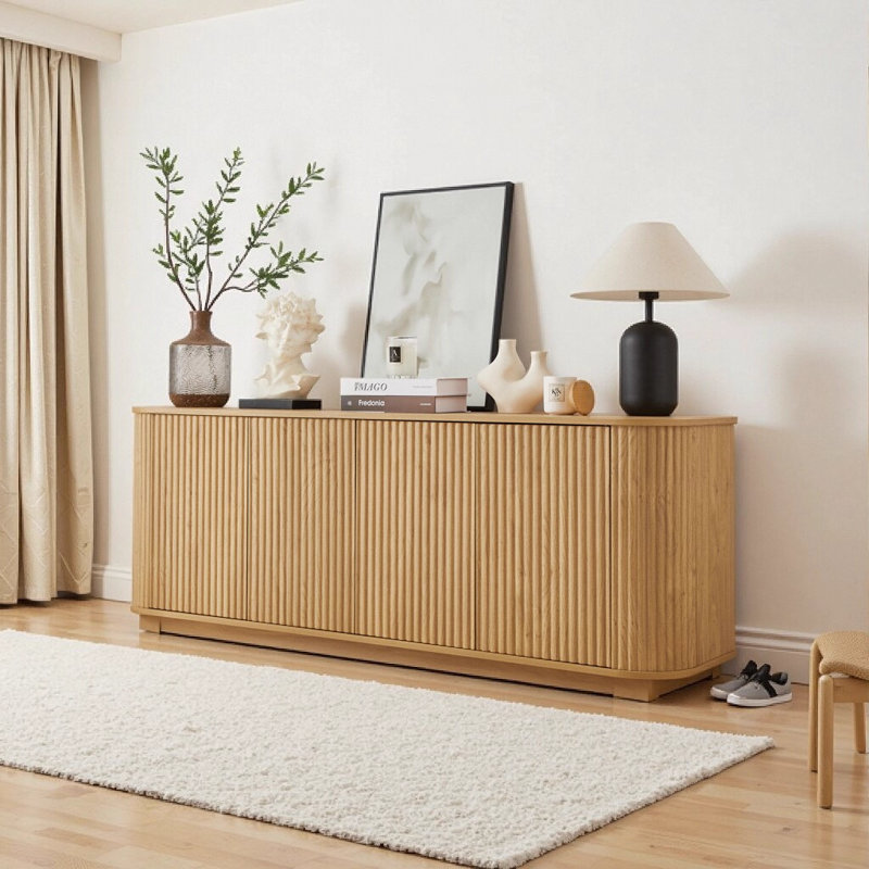 Buffet 64 pouces en bois naturel avec motif à vagues - Meuble télé moderne pour salon, cuisine, chambre à coucher et entrée | Panneaux courbés et portes à ressorts