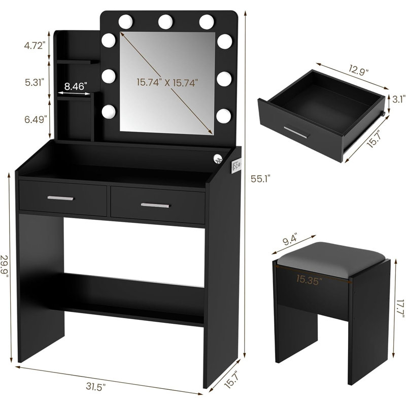 Bureau de coiffeuse avec miroir et lumières DEL - Bureau de coiffeuse avec prise de courant et tabouret rembourré - Coiffeuse avec 2 tiroirs et 3 modes d'éclairage Luminosité réglable pour la chambre à coucher - Noir