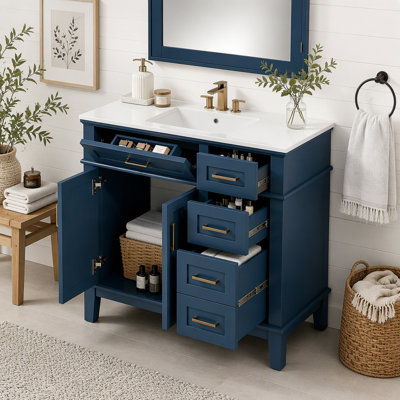 Meuble-lavabo de salle de bain de 36 pouces (91 cm) avec 4 tiroirs de rangement et porte à fermeture en douceur