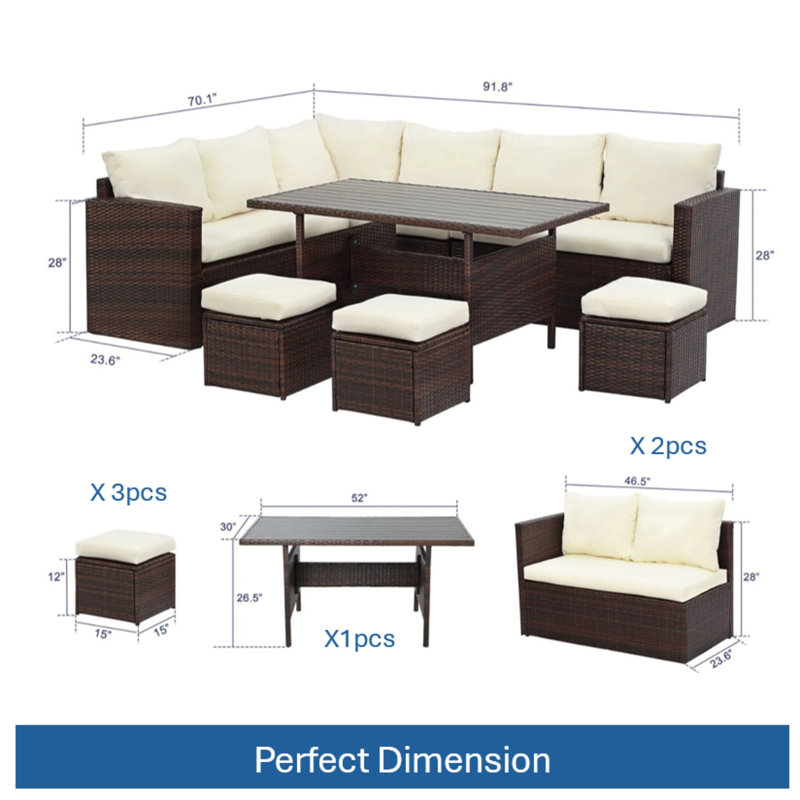 Ensemble repas d'extérieur 7 pièces en osier, Beige