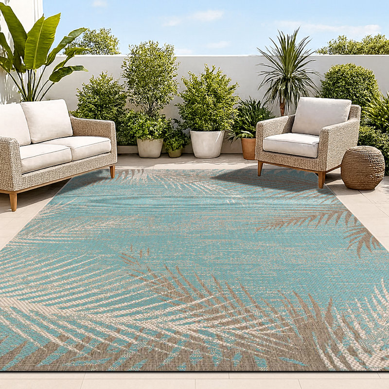 Waddington Floral Palms Aqua Blue Indoor Outdoor Runner Rug, Runner 2'3" x 11'9"