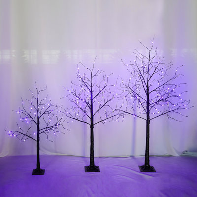 3 Pac Halloween Spooky Tree With Purple Lights, 4FT 5FT And 6FT, Lighted Black Tree For Halloween Decoration