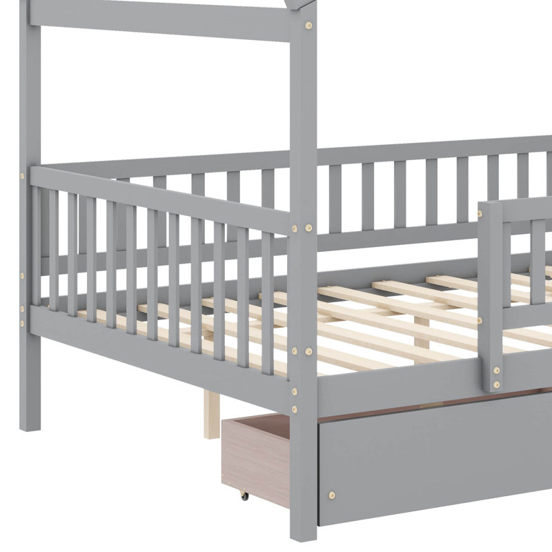 Lit double en bois avec deux tiroirs, Gris