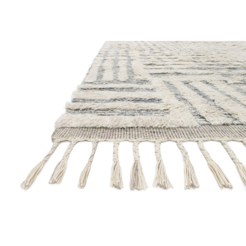 Benjamin Geometric Hand Knotted Ivory/Sky Area Rug, Rectangle 7'9" x 9'9"