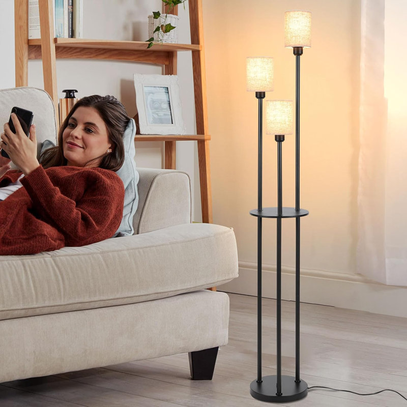 Modern Floor Lamp With Shelves, 3-Light LED Standing Lamp For Living Room & Bedroom, 66" Tall With Fabric Shade & Foot Switch, Industrial Style Table Lamp For Office Decor