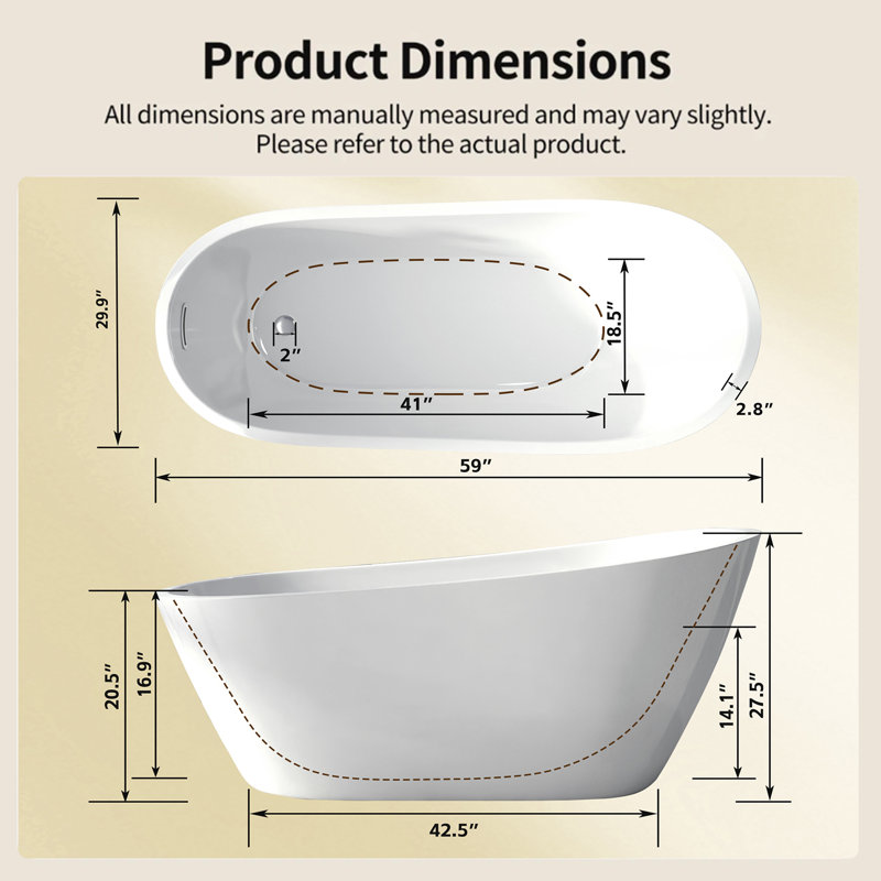 Baignoire sabot autoportante en acrylique de 150 cm (59 po), baignoire de salle de bain de forme spéciale avec trop-plein et bonde chromés