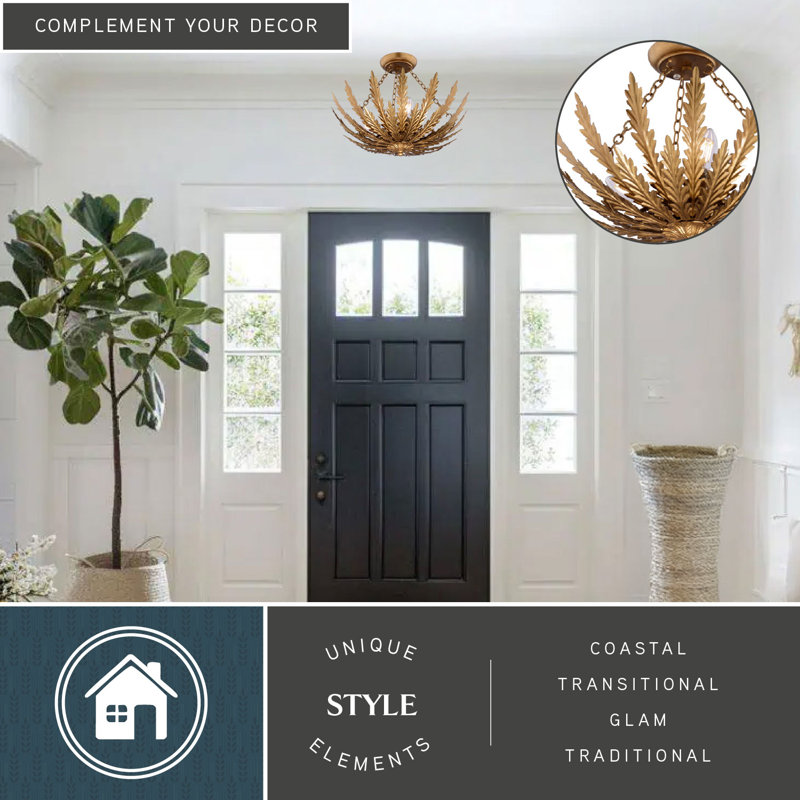 Marliyah 18-In W Heritage Gold Semi Flush Mount Ceiling Light Fxiture With Leaf Motif