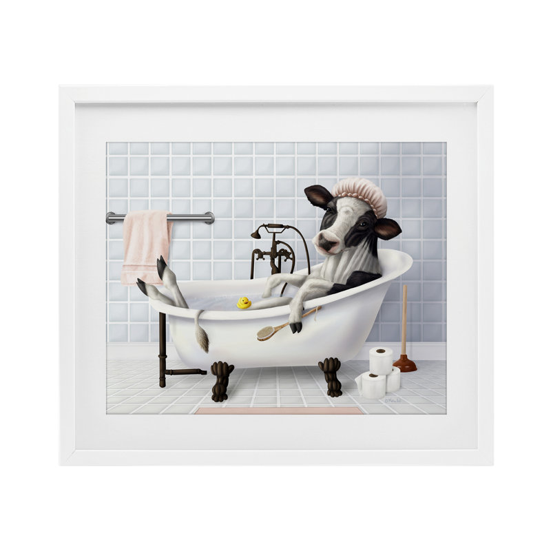 Vache et canard en caoutchouc dans la salle de bain, reproduction encadrée sous verre, design par Mehu Art, H 13 po x l 16 po