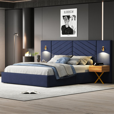 Ellis Upholstered Velvet Platform King Bed with Vertical Channel Tufted Wingback Headboard