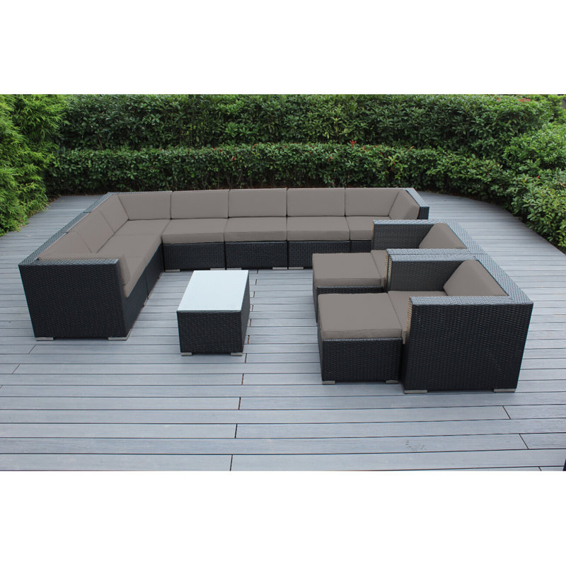 Ensemble de conversation en osier 8 personnes avec coussins Konen Wicker, Noir, Toile Sunbrella® taupe