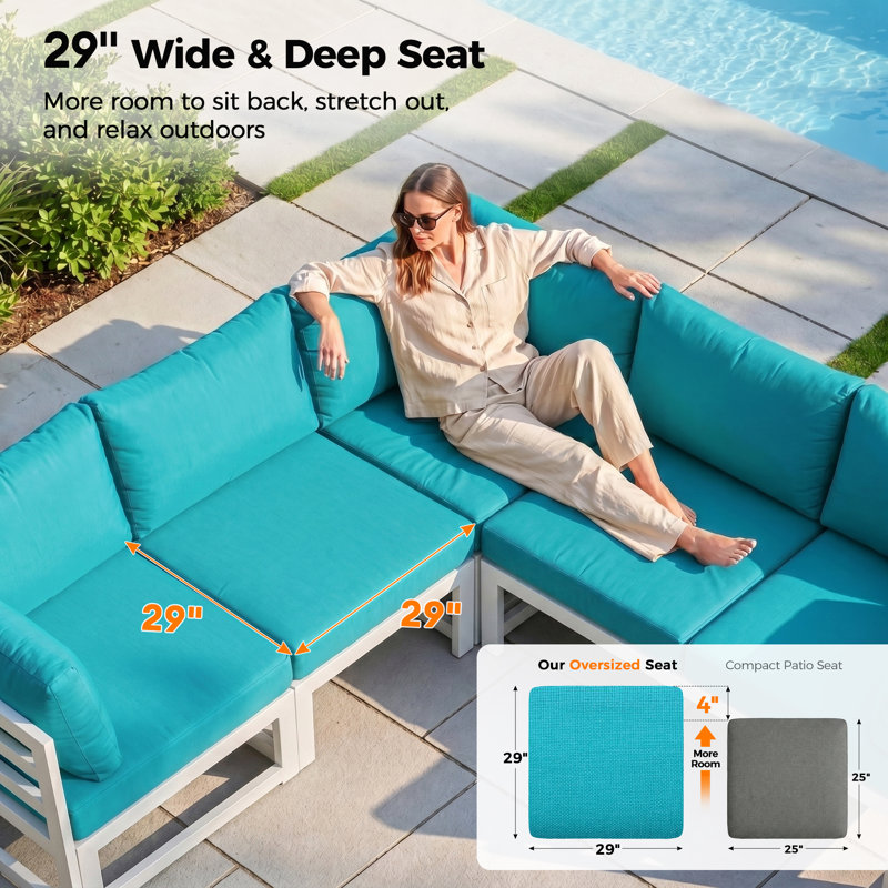 Anevaeh 8-Person Outdoor Patio All-Aluminum Sectional Conversation Set with Fire Pit Table and Cushions, White , Teal