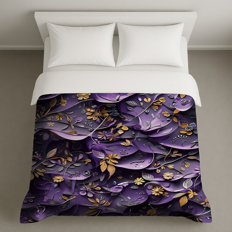 Housses de couette à motif floral mauve et doré, Grand lit