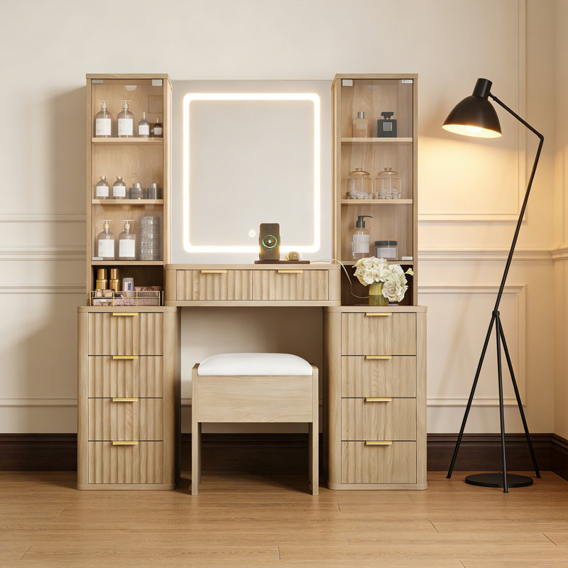 43.5" Fluted Makeup Vanity Desk with Mirror and Lights, Wood Bedroom Vanity with Glass Top, Charging Station,Stool, Oak