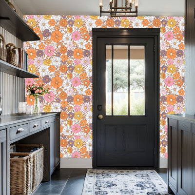 Peel and Stick Wallpaper Contact Paper Colorful 60s 70s style retro hand drawn floral Pink orange flowers Self Adhesive and Removable