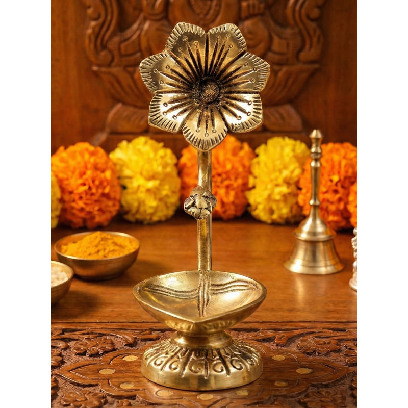 Handmade 3-Inch Brass Decorative Diya – Single-Wick Hibiscus Flower Oil Lamp for Puja, Meditation, and Home Décor